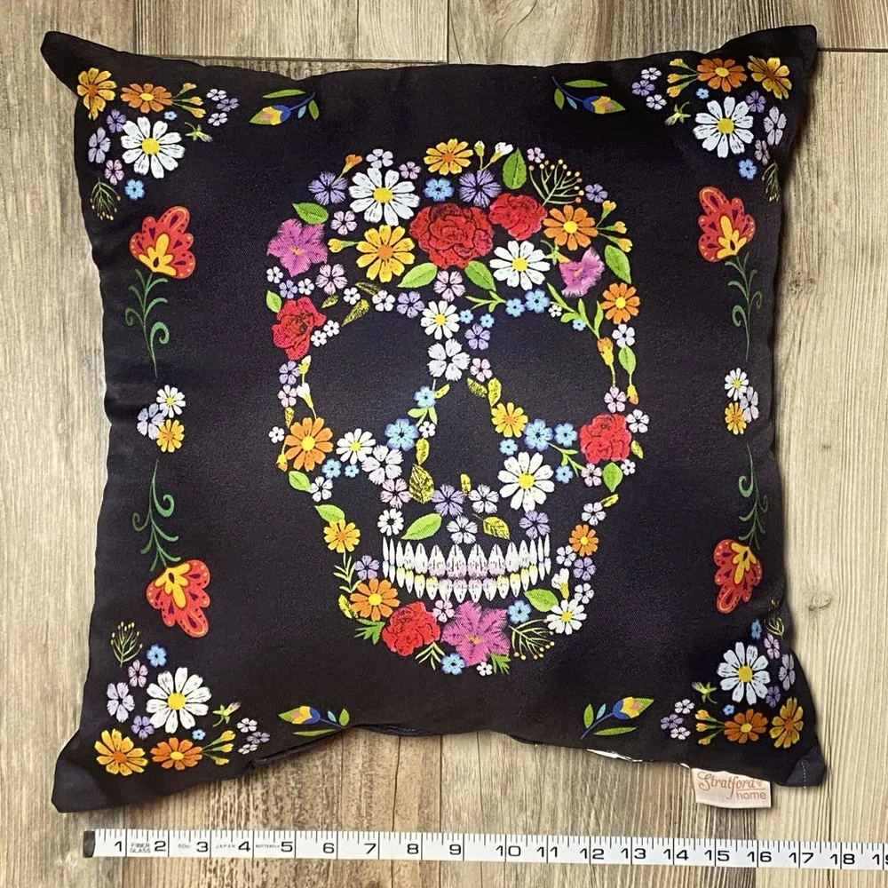 Stratford Home Black Floral Skull Decorative Throw Pillow